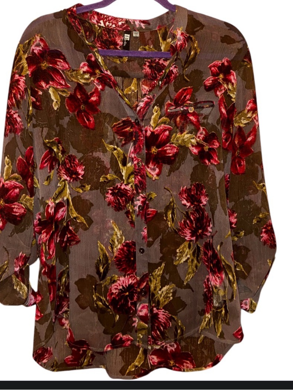 Kut from the Kloth sheer blouse features a taupe and maroon print L - Picture 2 of 6